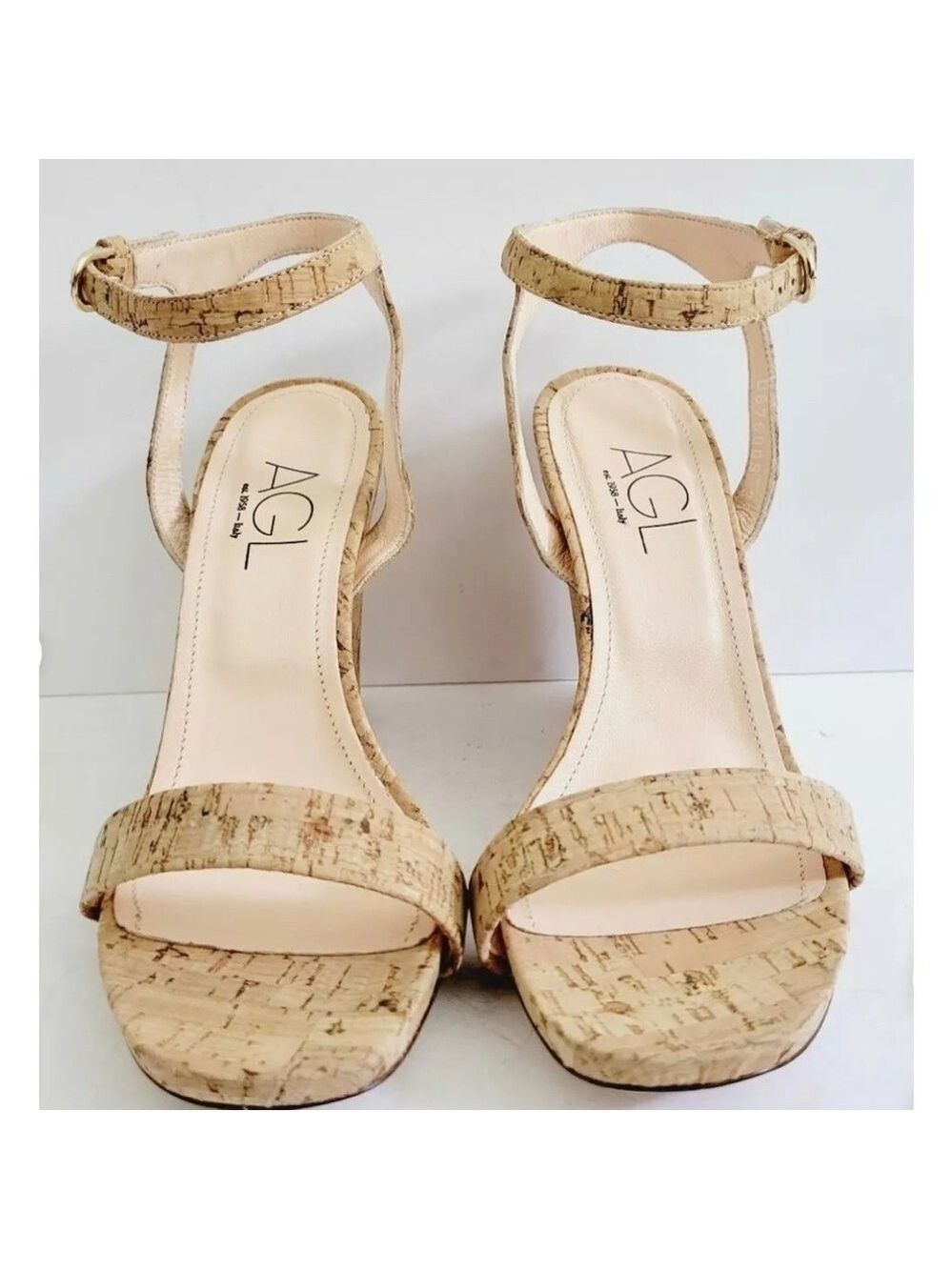 AGL Demi Ankle Strap Wedge Sandal Cork Leather Heel Size 40, US 9.5